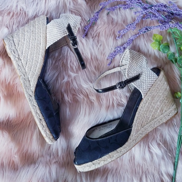 Coach Shoes - Coach Black Wedge Ankle Strap Peep Toe Espadrilles